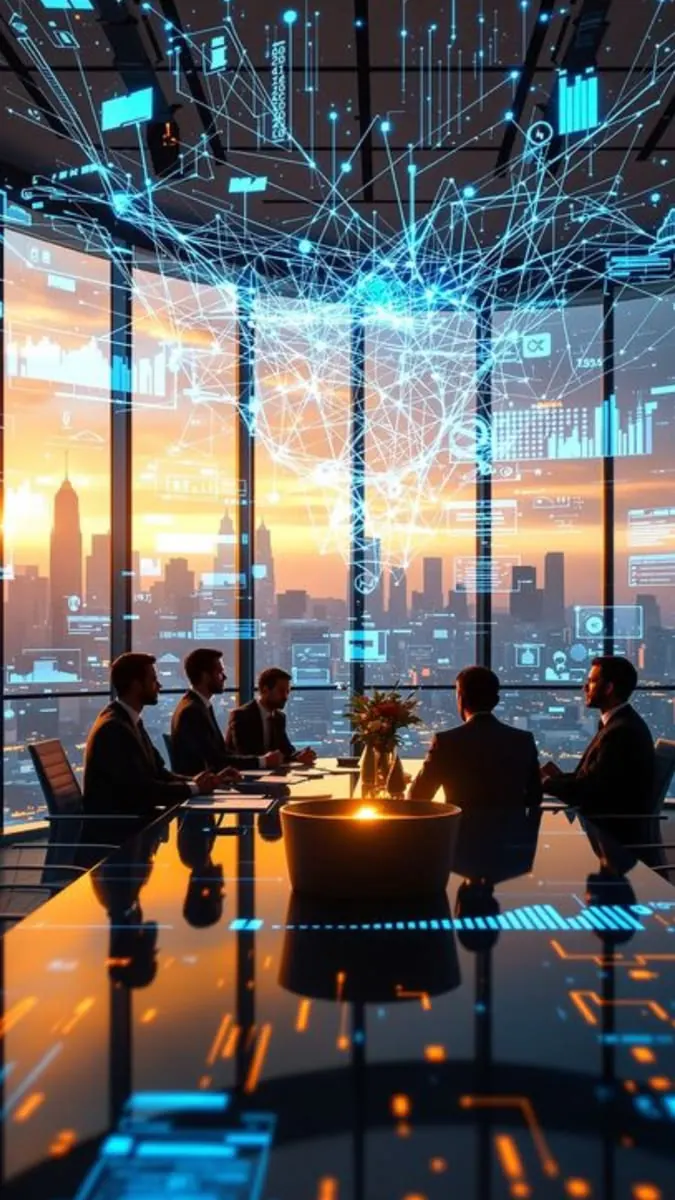 Business team in a boardroom overlooking a city skyline with a glowing network graph