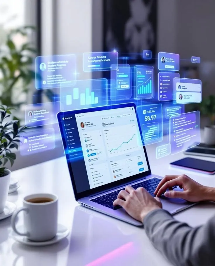 Bright desk with a laptop showing a student and course dashboard, surrounded by floating call and lead status cards