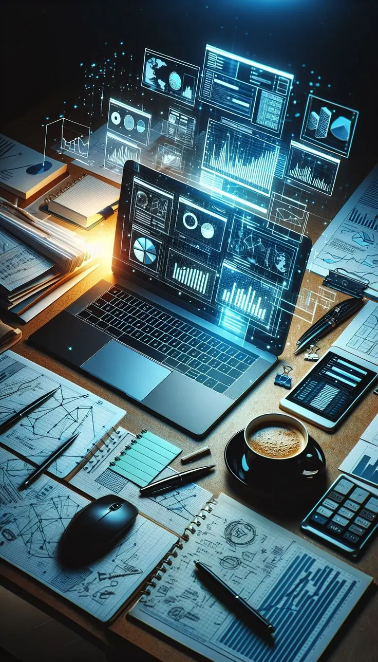 Dark workspace with a laptop and floating analytics screens showing call volume charts and lead metrics